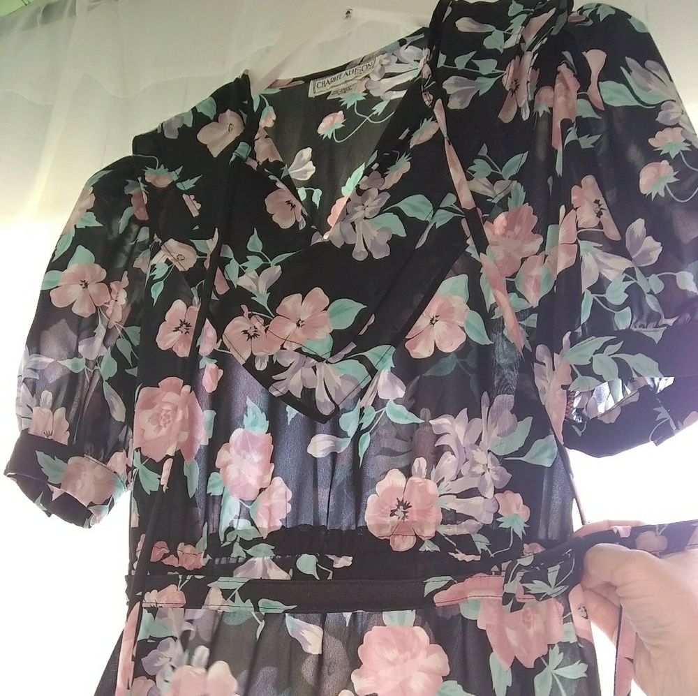 70s Charlee Allison Sheer Floral Belted Dress 5/6